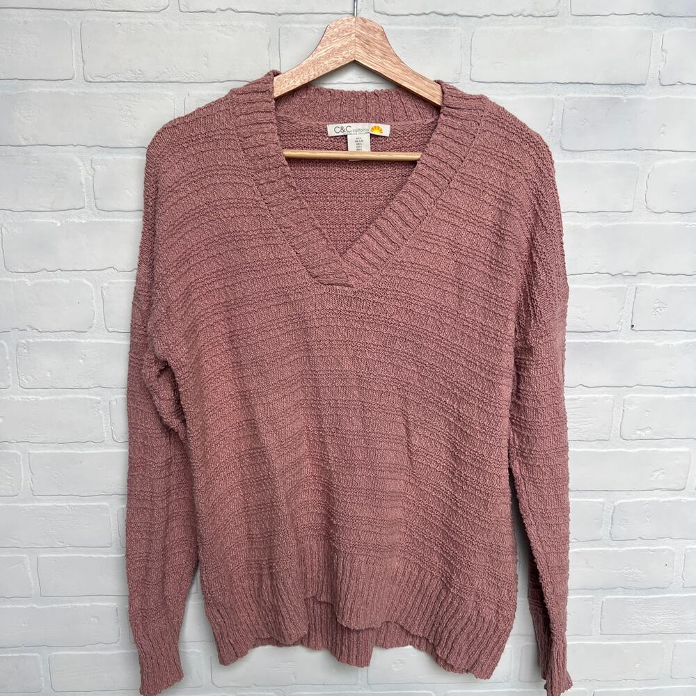 C&C California Pink Knit 100% Cotton Pullover Ribbed Vneck Sweater -sz L